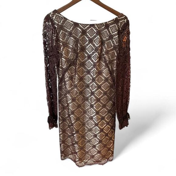 True Vintage 1970's chocolate and champagne formal long sleeve midi dress - Picture 1 of 8